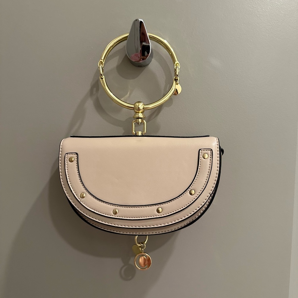 Chic Beige Nile Half Moon Clutch with Gold Accents